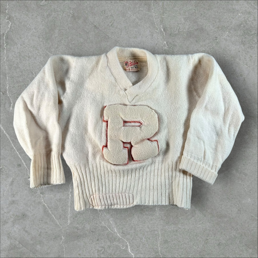 Vintage Stadium Sweater Kids Small Cream Pure Wool Varsity 1950s Letterman Vneck